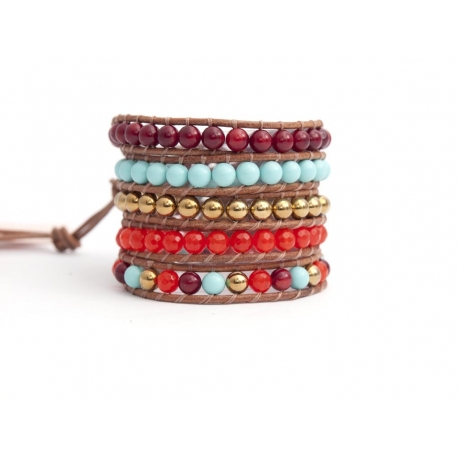 Mix Colored Wrap Bracelet For Woman - Precious Stones Onto White Leather