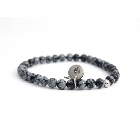 Obsidian Flake Bead Bracelet For Man With Swarovski Strass And Steel Round Tag Charm