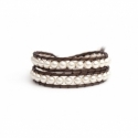 Cream Swarovski Pearls Wrap Bracelet For Woman. Worm Colors Onto Bronze Leather