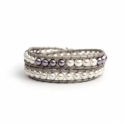 White And Purple Swarovski Pearls Wrap Bracelet For Women. Pearls Onto Onto Grey Leather