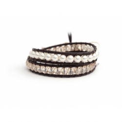 Swarovski Crystals And Pearls Wrap Bracelet For Woman. Precious Beads Onto Dark Brown Leather