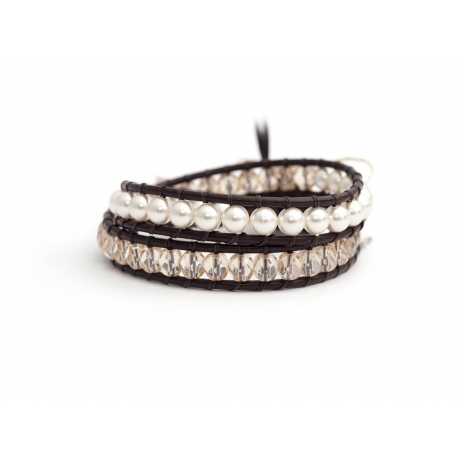 Swarovski Crystals And Pearls Wrap Bracelet For Woman. Precious Beads Onto Dark Brown Leather