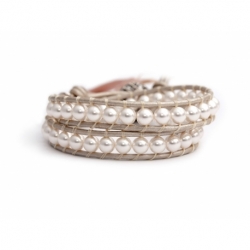 White Swarovski Pearls Wrap Bracelet For Woman. Gentle Color Onto White Pearl Leather