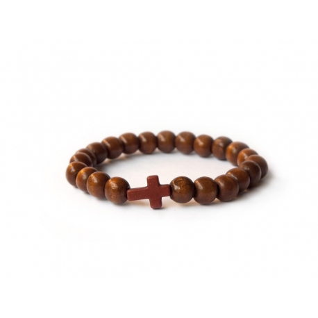 Dark Brown Wood Big Beads Bracelet With Cross