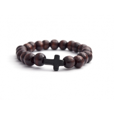 Dark Brown Wood Big Beads Bracelet For Man With Black Cross