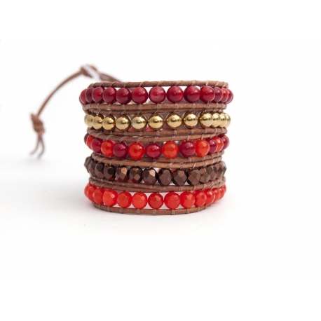 Mix Colored Wrap Bracelet For Woman - Precious Stones Onto Natural Dark Leather