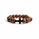 Light Brown Wood Big Beads Bracelet For Woman With Black Cross