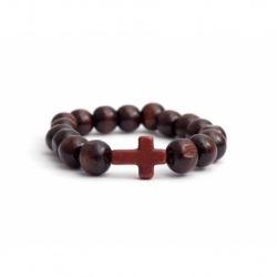 Dark Brown Wood Big Beads Bracelet For Woman With Brown Cross