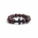 Dark Brown Wood Big Beads Bracelet For Woman With Black Cross