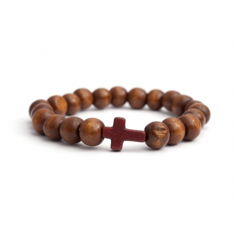 Light Brown Wood Big Beads Bracelet With Brown Cross