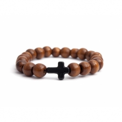 Bracciale uomo donna sfere legno chiaro con croce nera