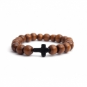 Light Brown Wood Big Beads Bracelet For Man With Black Cross