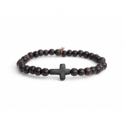 Dark Brown Wood Very Little Beads Bracelet For Man With Black Cross