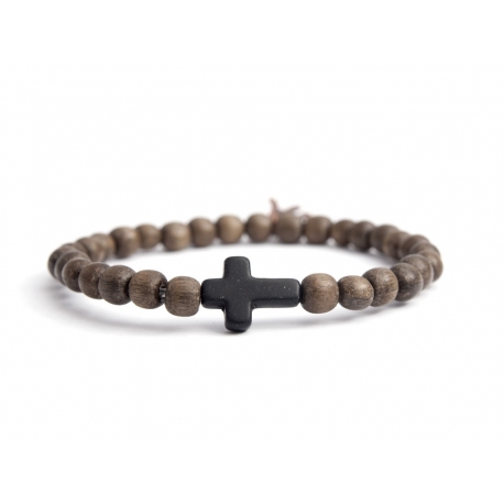 Bracciale uomo sfere legno greywood con croce nera