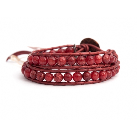 Red Wrap Bracelet For Woman - Precious Stones Onto Black Leather