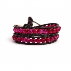 Fuchsia Wrap Bracelet For Woman - Precious Stones Onto Dark Brown Leather
