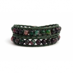 Green Wrap Bracelet For Woman - Precious Stones Onto Pink Leather