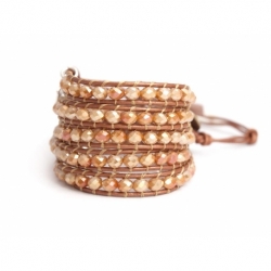 White Wrap Bracelet For Woman - Crystals Onto Natural Brown Leather