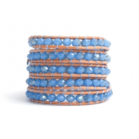 Blue Sky Wrap Bracelet For Woman - Crystals Onto Pearled White Leather