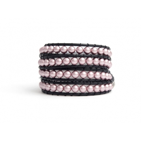 Rose Swarovski Pearls Wrap Bracelet For Woman. Switness And Character Onto Black Leather