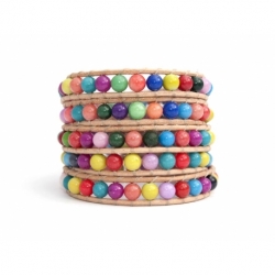 Mix Colored Wrap Bracelet For Woman - Precious Stones Onto Natural Light Leather