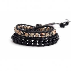 Black Wrap Bracelet For Woman - Precious Stones Onto Natural Light Leather