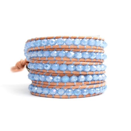 Blue Wrap Bracelet For Woman - Crystals Onto Pearl Leather