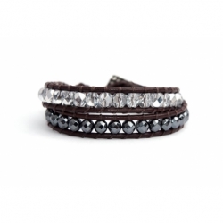 Black Wrap Bracelet For Woman - Precious Stones Onto Natural Light Leather