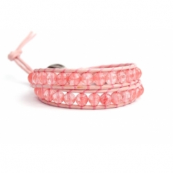 Pink Wrap Bracelet For Woman - Precious Stones Onto Natural Light Leather