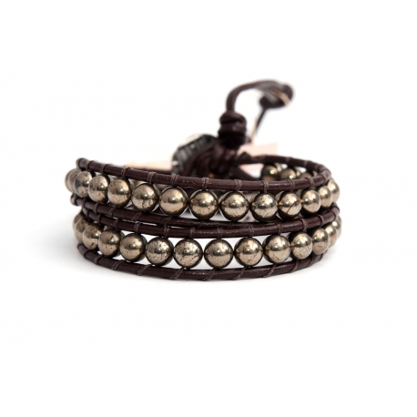 White Wrap Bracelet For Woman - Precious Stones Onto Dark Brown Leather