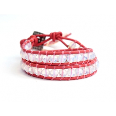 Pink Wrap Bracelet For Woman - Precious Stones Onto Natural Brown Leather