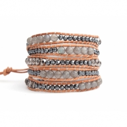 Grey Wrap Bracelet For Woman - Precious Stones Onto Natural Dark Leather