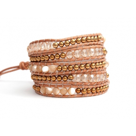 Mix Colored Wrap Bracelet For Woman - Precious Stones Onto Hazelnut Leather
