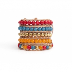 Mix Colored Wrap Bracelet For Woman - Precious Stones Onto Natural Light Leather