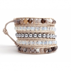 Mix Colored Wrap Bracelet For Woman - Precious Stones Onto Natural Light Leather