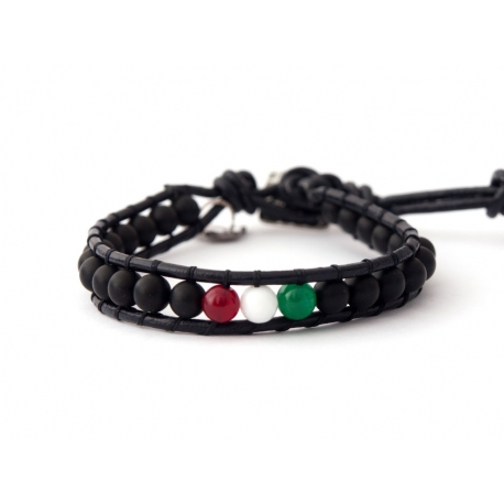 Italian Flag Wrap Bracelet For Man. Black Onyx Matte With Agate Onto Black Leather