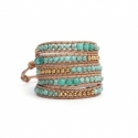 Turquoise And Gold Hematite Wrap Bracelet For Woman. Precious Stones Onto Natural Leather