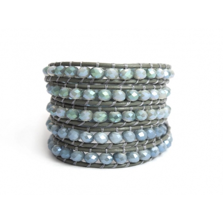 Grey Wrap Bracelet For Woman - Crystals Onto Dark Green Leather