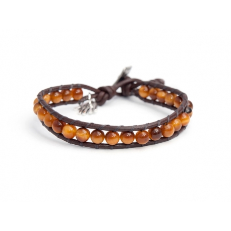 Brown Eye Tiger Precious Stones Wrap Bracelet For Man. Brown Eye Tiger Stones Onto Brown Leather