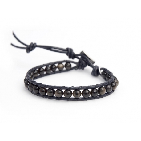 Black Obsidian , Golden Toned Wrap Bracelet For Man. Black Obsidian , Golden Toned Onto Black Leather