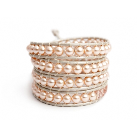 Peach Swarovski Pearls Wrap Bracelet For Woman. Spring Touch Onto A Pearl Leather