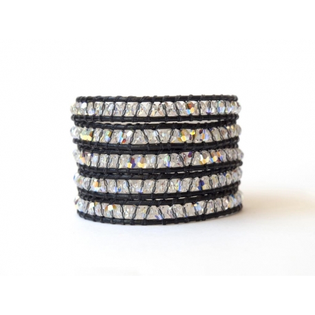 Bracciale donna cristalli Swarovski piccoli su cuoio nero