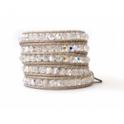 Precious Crystal Extra Brilliant Wrap Bracelet For Woman. Swarovski Crystals Ab Onto White Pearl Leather