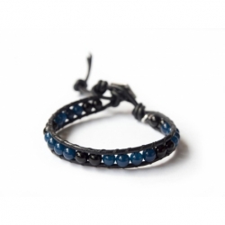 Bracciale uomo agata blu e nera su cuoio nero