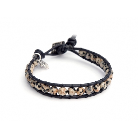 Jasper Dalmation Wrap Bracelet For Man. Jasper Dalmation Onto Black Leather