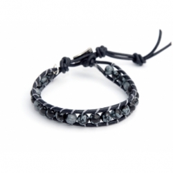 Snowflake Obsidian Wrap Bracelet For Man. Snowflake Obsidianonto Black Leather