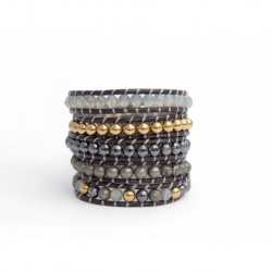 Mix Colored Wrap Bracelet For Woman - Precious Stones Onto Natural Dark Leather