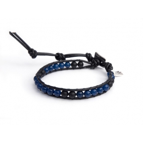 Black Onyx And Blue Agate Wrap Bracelet For Man. Matte Onyx And Blue Agate Onto Natural Black Leather