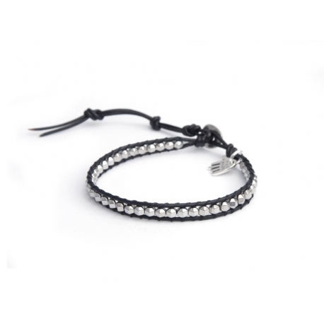 Hematite Silver Wrap Bracelet For Man. Hematite Silver Onto Black Leather