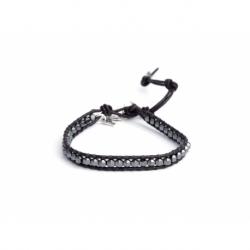 Grey Hematite 4Mm Beads Wrap Bracelet For Man. Grey Hematite Onto Black Leather